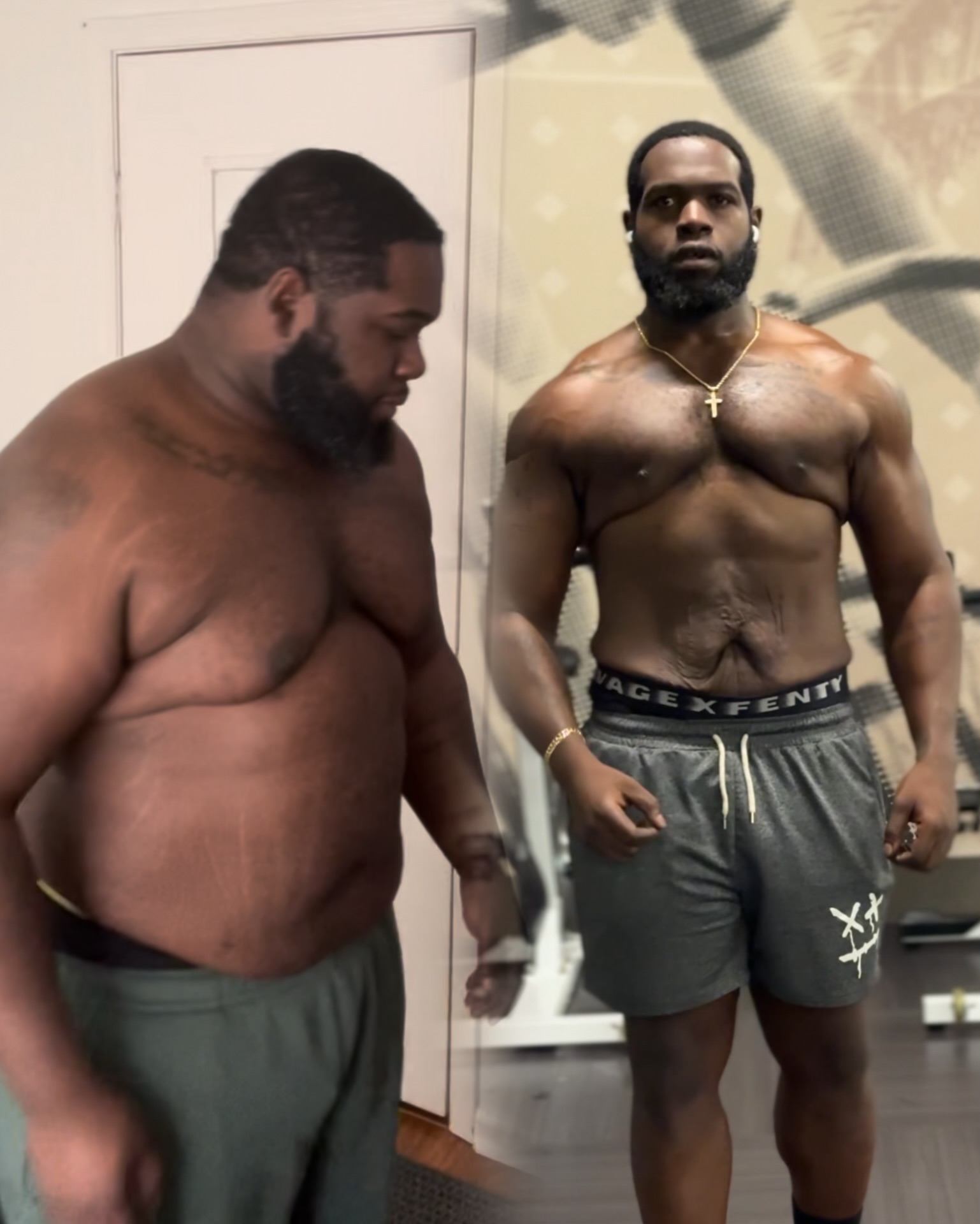Side-by-side photos from Rev’s personal fitness transformation